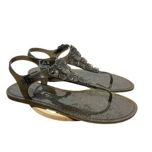 COACH Thong JELLY SANDAL Tea Rose T-STRAP Flat Shoe BLACK & GLITTER SZ 8 Summer
